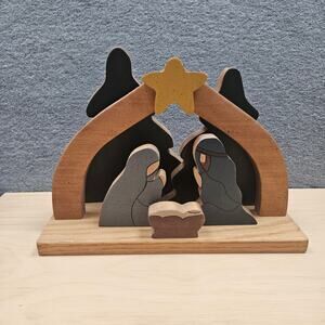 Beautiful VTG Handmade Wooden Signed Nativity Set Mantle Decor